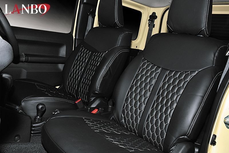 【M's】スズキ JB64 JB74 ジムニー ジムニーシエラ LANBO シートカバー ハニカムデザイン ブラックレザー×ホワイトステッチ BJ02-1768BK/W拍卖