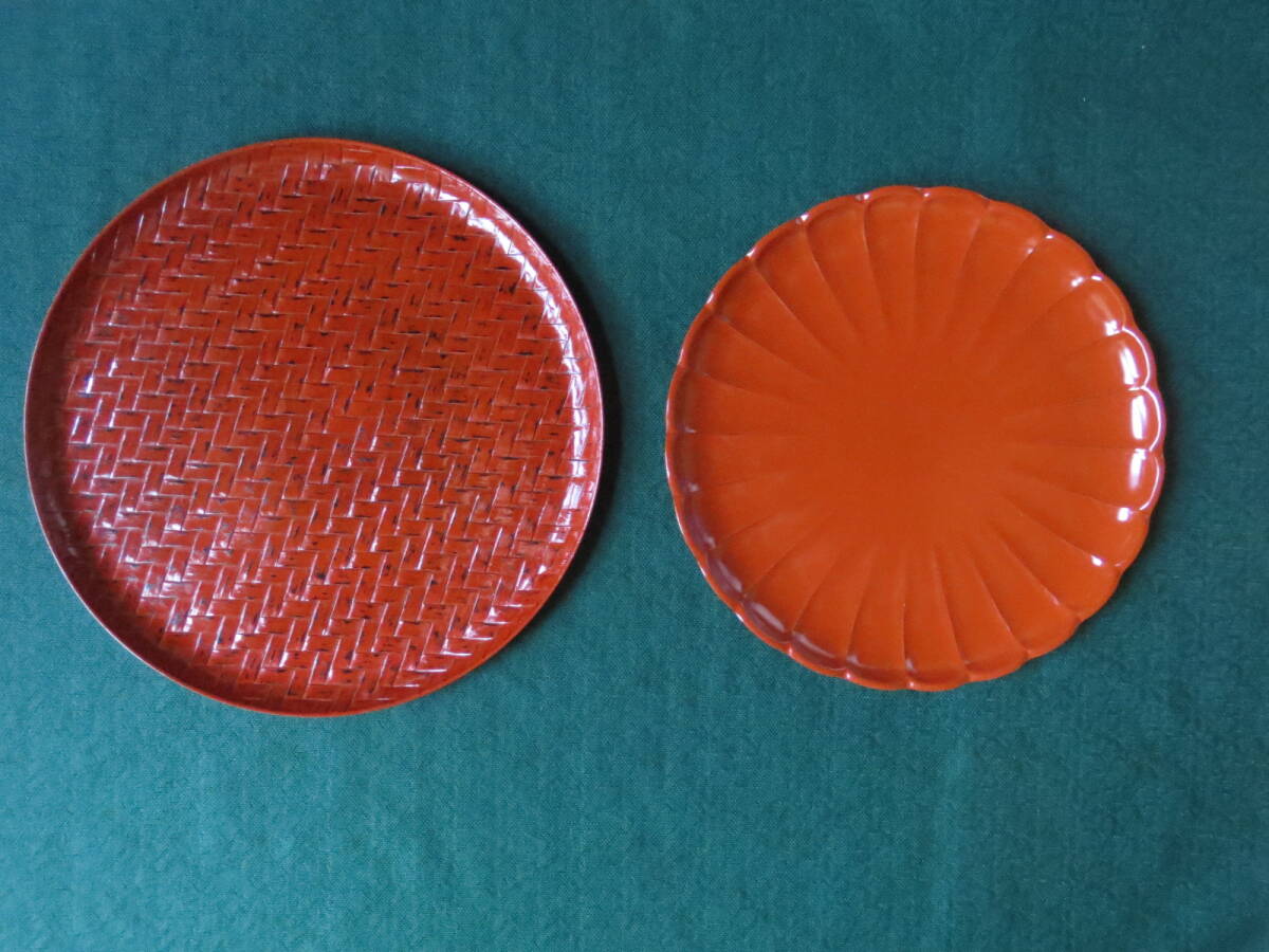 丸盆 2枚 網代文盆 + 菊形盆 あじろ 茶盆 菓子盆 拍卖