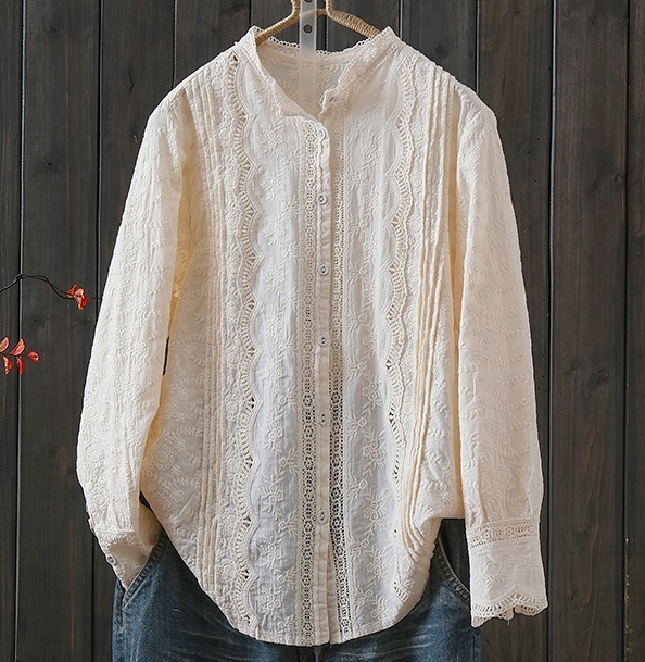 「同梱1万円送料無料」秋新作**ゆったり大きいサイズ*可愛い*体型カバー*コットン刺繍レース*長袖シャツブラウスM~XXLベージュ拍卖
