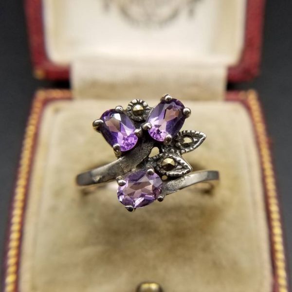 アメジストガラス オーバル マーカサイト装飾 925 シルバー ヴィンテージ フラワー リング 銀 フローラル 上品 大きめサイズ拍卖