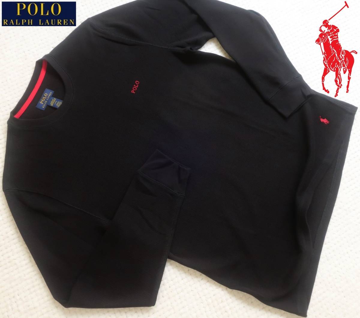 新品★ラルフローレン★ブラック サーマル ロンT★長袖 ワッフル Tシャツ★レッド ポニー 刺繍 黒 赤 L★POLO RALPH☆367拍卖