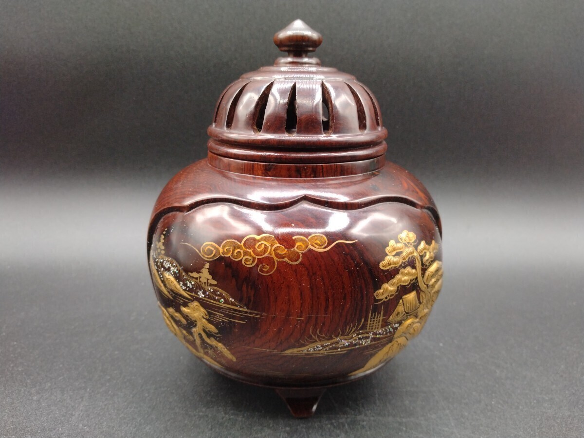 雲龍 本紫檀 金蒔絵 三足 香炉 【2-b】拍卖