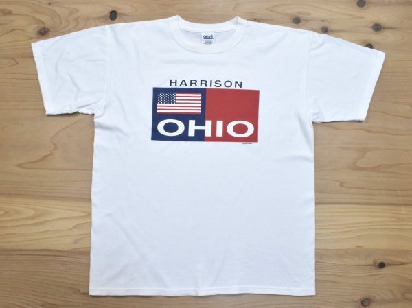 2000sUSA古着 オハイオ州 ハリソン ロゴ Tシャツ sizeL 白 ホワイト スーベニア 星条旗 アメリカ アメカジ anvil 2000年代 Y2K拍卖