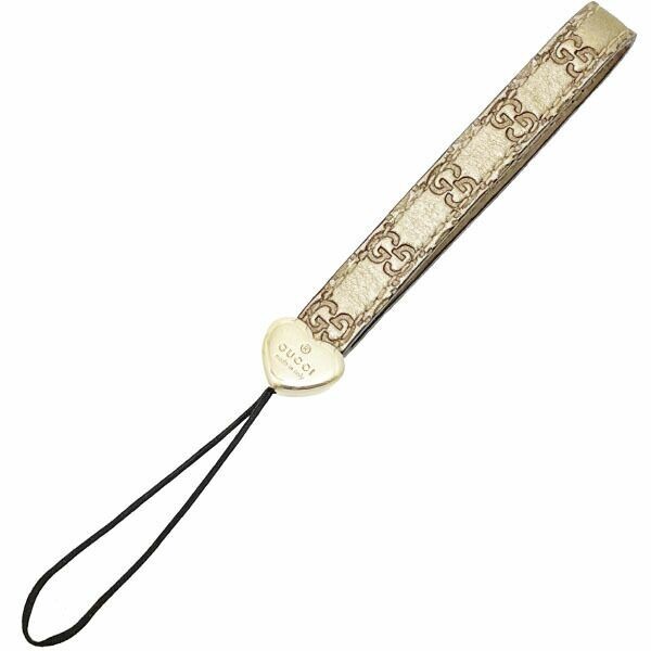 13349 グッチ ストラップ マイクログッチシマライン ハート 携帯ストラップ レザー 革 カーキゴールド系 282562拍卖