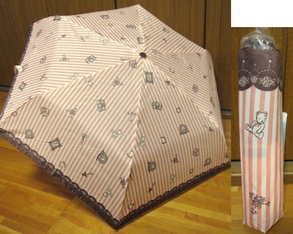 *送料無料*新品*Natural Basic*ピンク*ストライプ*くま*3段折りたたみ傘*グラスファイバー*安全カバー*拍卖