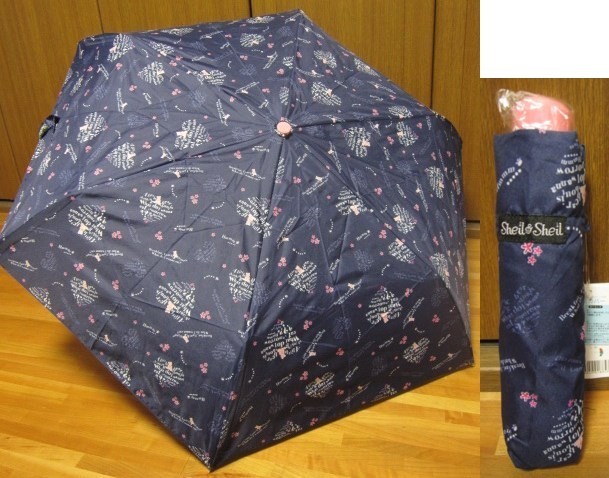 *送料無料*新品*Sheil&Sheil*ネイビー*3段折りたたみ傘*グラスファイバー*ハート・くま*安全カバー*拍卖