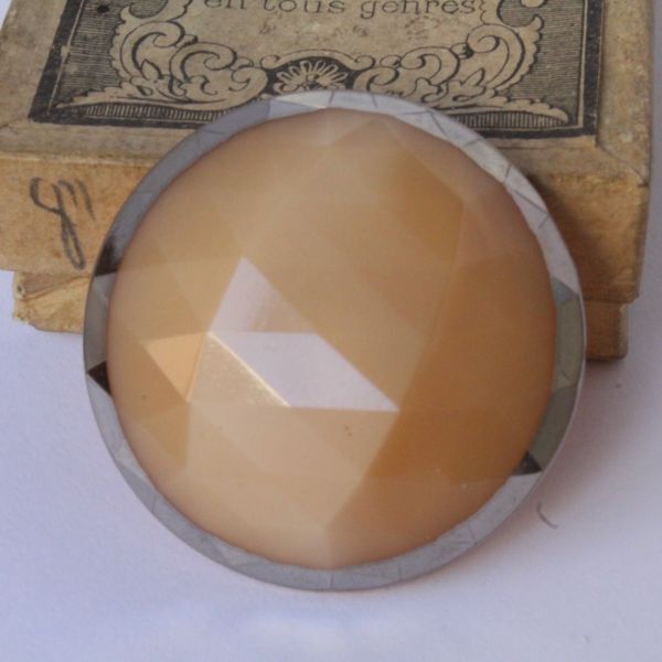 即決 ガラスボタン 1個 φ36mm ベージュxシルバー 面カット 素材 ハンドメイドパーツ フランス輸入 ヴィンテージ拍卖