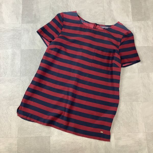 美品 TOMMY HILFIGER トミーヒルフィガー ボーダー 半袖 ブラウス レディース サイズ USA6 40 L ネイビー ボルドー拍卖