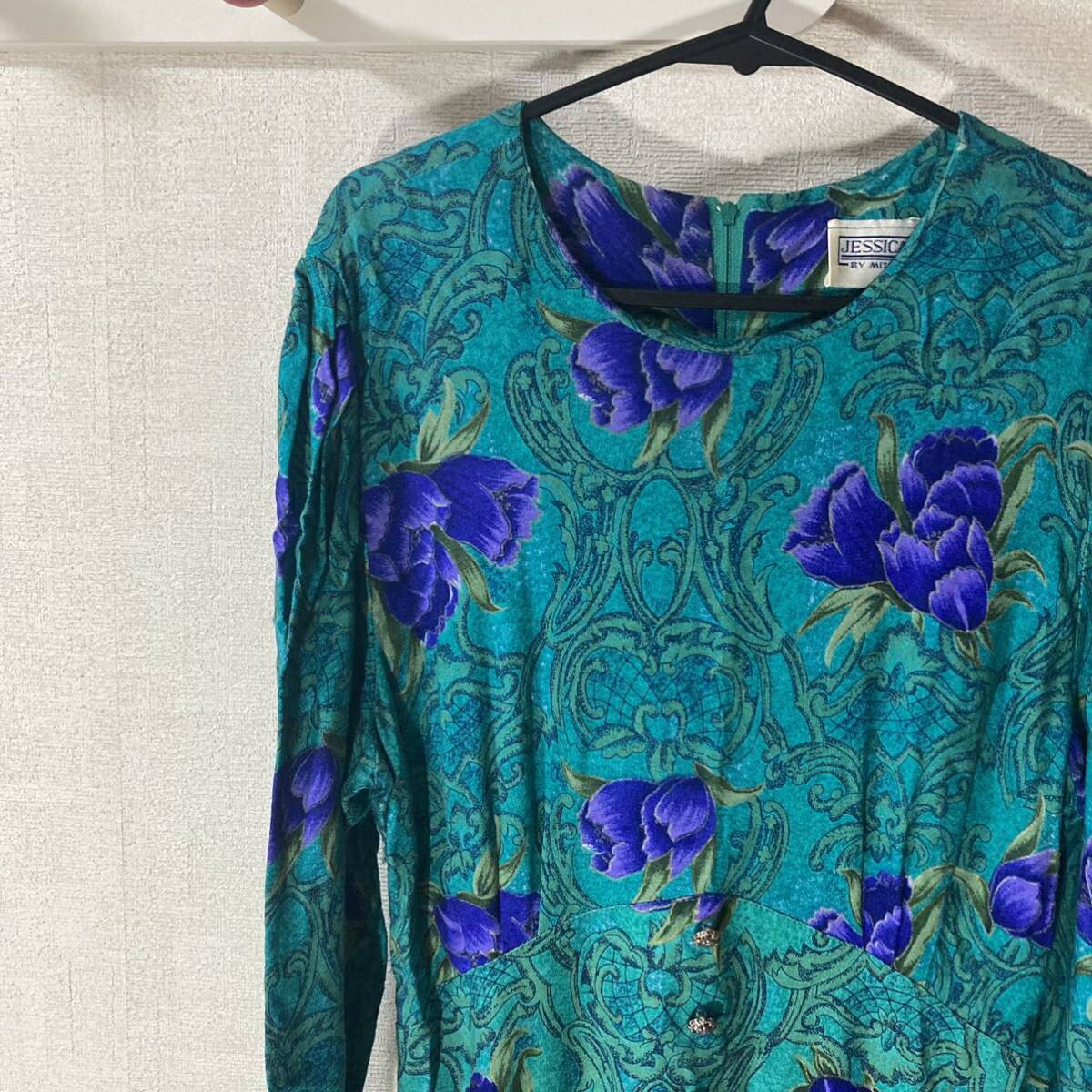 古着 USED ワンピース 花柄 緑 レトロ 長袖 七分袖 冬 秋 ドレス ロング ミディアム丈 オシャレ 大人 可愛い 拍卖