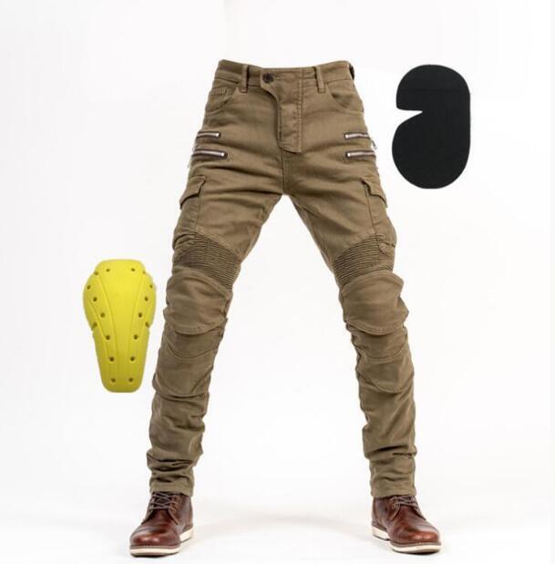 新品お洒落 バイク用 ライディングパンツ プロテクター付き デニムパンツ オールシーズン 耐磨 ツーリングジーンズ ストレッチ素材 カーキ拍卖