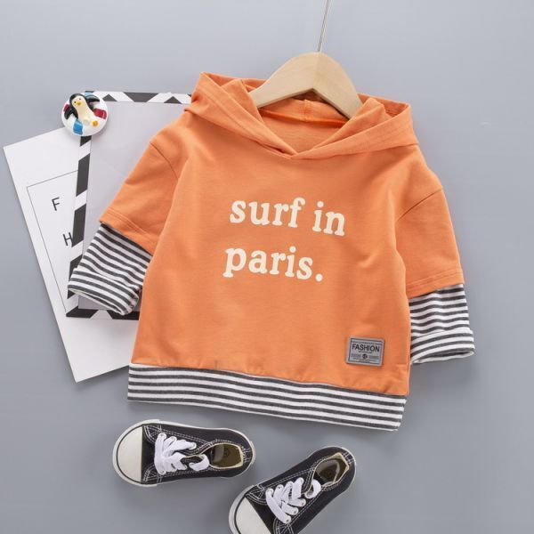 ♪mineka・新品・セール♪男の子英字シャツ 長袖 帽子付き 秋薄手パーカ 男女兼用 オレンジ カジュアル 普段着 通園 通学 110cm 201482/5T拍卖