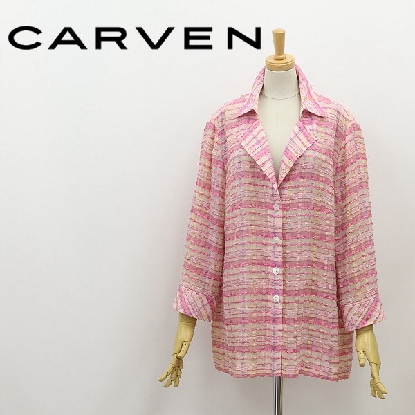 ◆CARVEN noble カルヴェン リネン&ラメ混 チェック柄 薄手 ブラウス ジャケット ピンク 48 大きいサイズ拍卖
