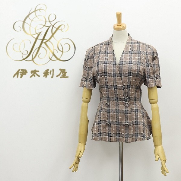 ◆伊太利屋 リネン100% チェック柄 ノーカラー バックベルト 半袖 ショートスリーブ ダブル ジャケット 7A2拍卖