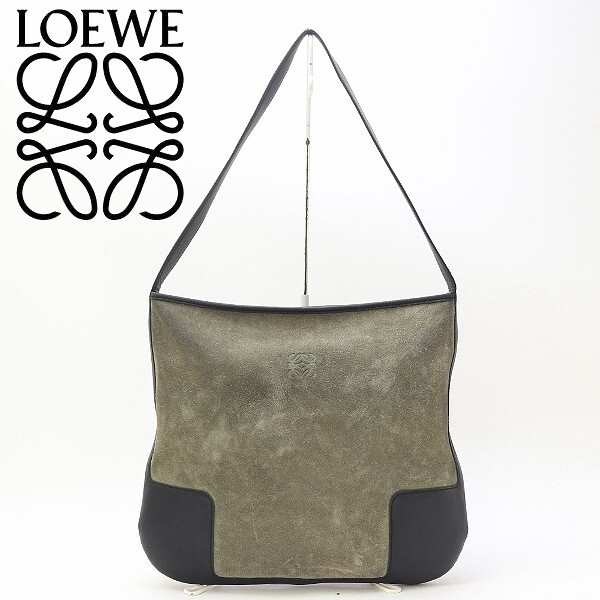 ◆LOEWE ロエベ スエード×レザー アナグラム ロゴ型押し 肩掛け ショルダー バッグ グレー×ブラック拍卖