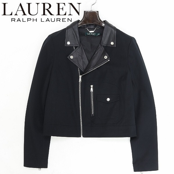 国内正規品◆RALPH LAUREN ラルフローレン ストレッチ コットン×フェイクレザー 切替 ダブル ライダース ジャケット 黒 ブラック L拍卖