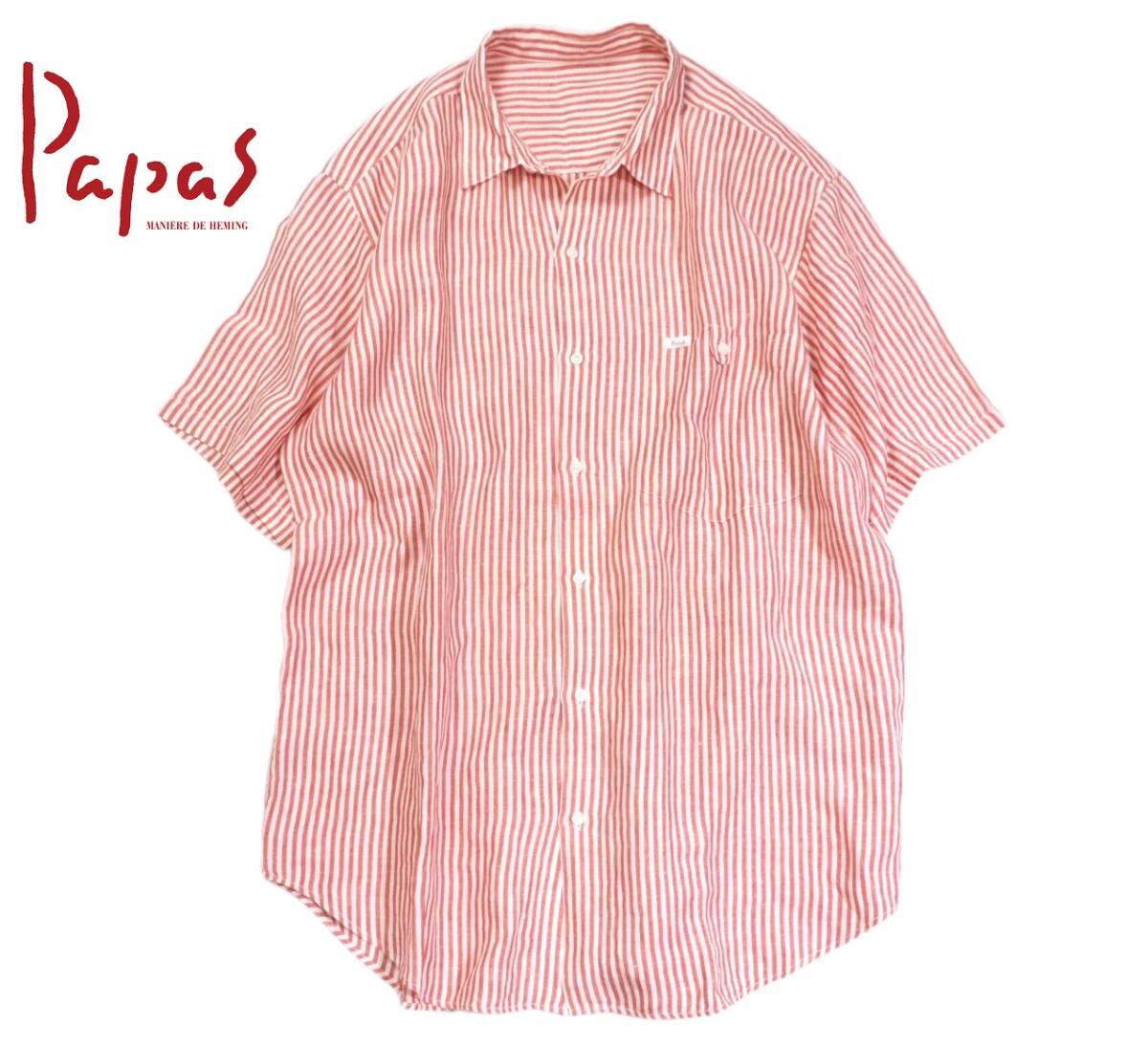 パパス papas 上質◆リネン100% ストライプ シャツ L拍卖