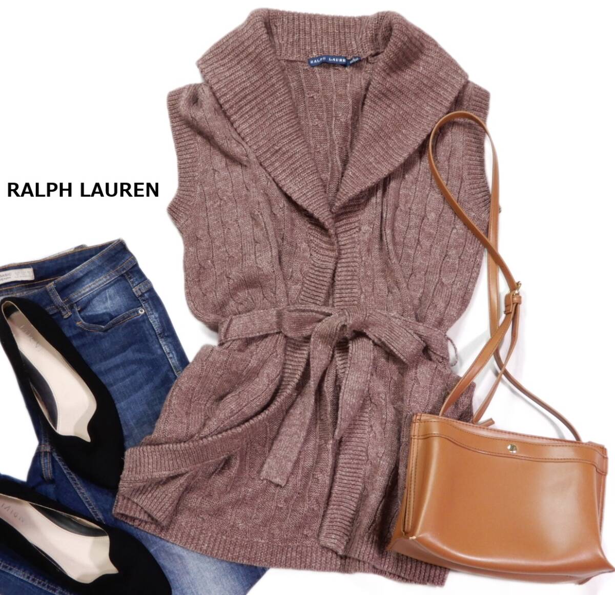 ラルフローレン RALPH LAUREN 大人素敵スタイル☆ 麻 リネン アルパカ ケーブル ニット カーディガン ベスト ジレ S 160/84A拍卖