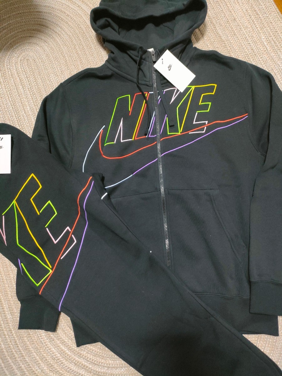 新品 定価16060 NIKE マルチカラー 刺繍 スウェット セットアップ M ブラック×マルチカラー ジップパーカー パンツ ナイキ メンズ 上下拍卖