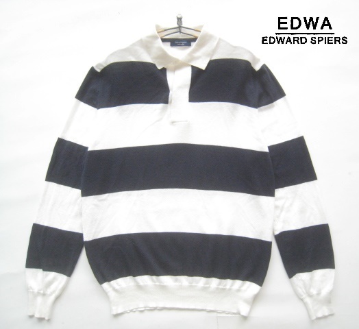 美品!!Edward Spiers エドワードスペアーズ*EU製 襟付きボーダー柄コットンニットセーター S 実寸M 白×紺拍卖