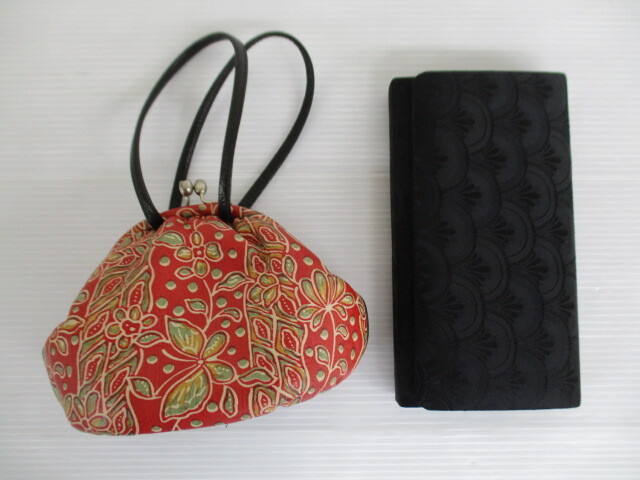 【お買得!】★和装カバン2点セット★①がま口バッグ/赤系 ②ポーチ/黒 拍卖