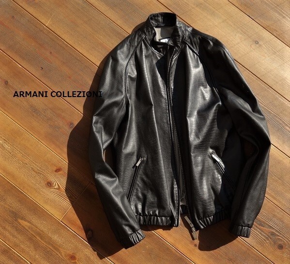 TMN-0449-002 雰囲気抜群 ARMANI COLLEZIONI 型押しクロコ × パンチング レザージャケット 46 アルマーニコレッツォーニ拍卖