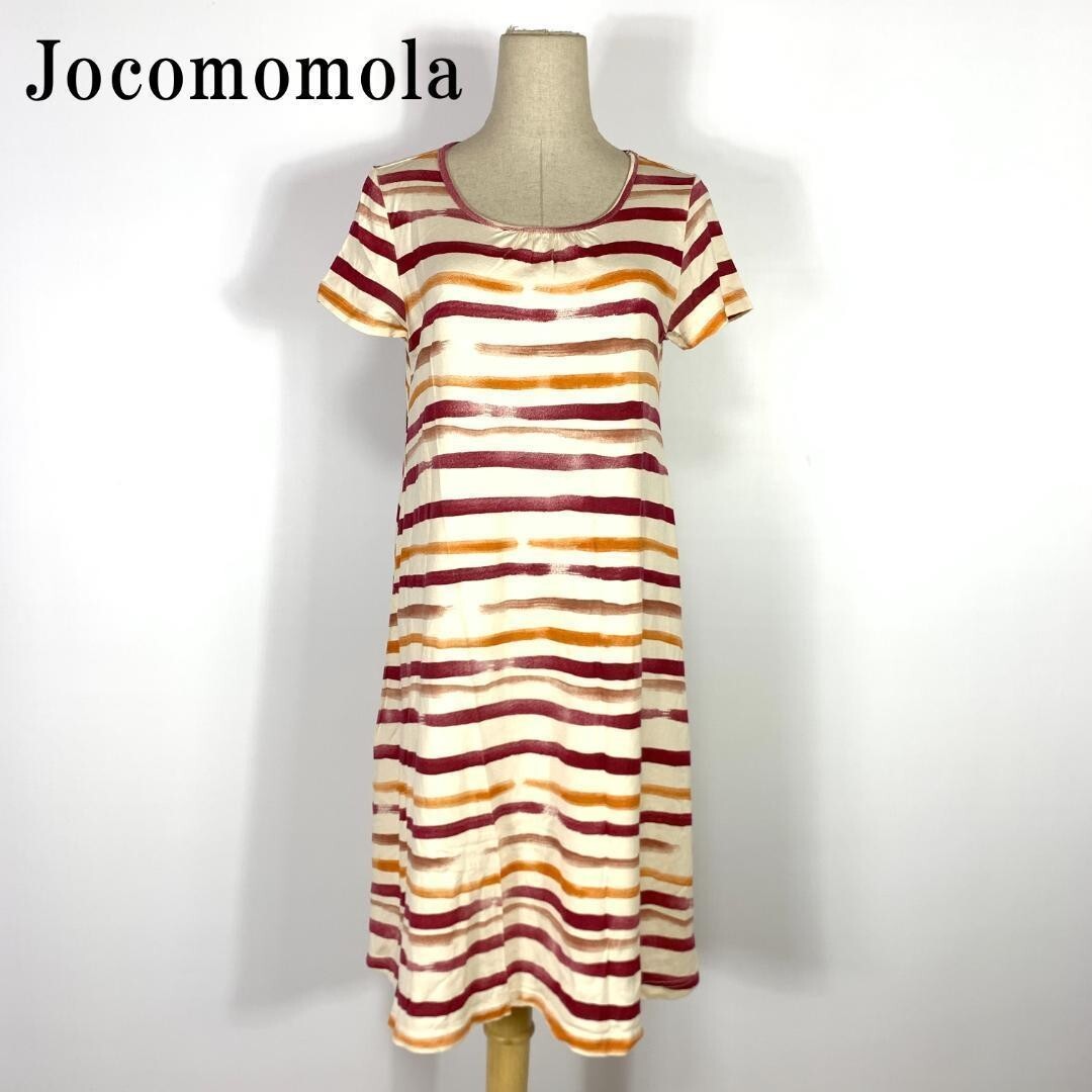 LA3211 Jocomomolaホコモモラ ボーダー半袖ワンピースカジュアル レッド オレンジ Aラインワンピースベージュ40拍卖