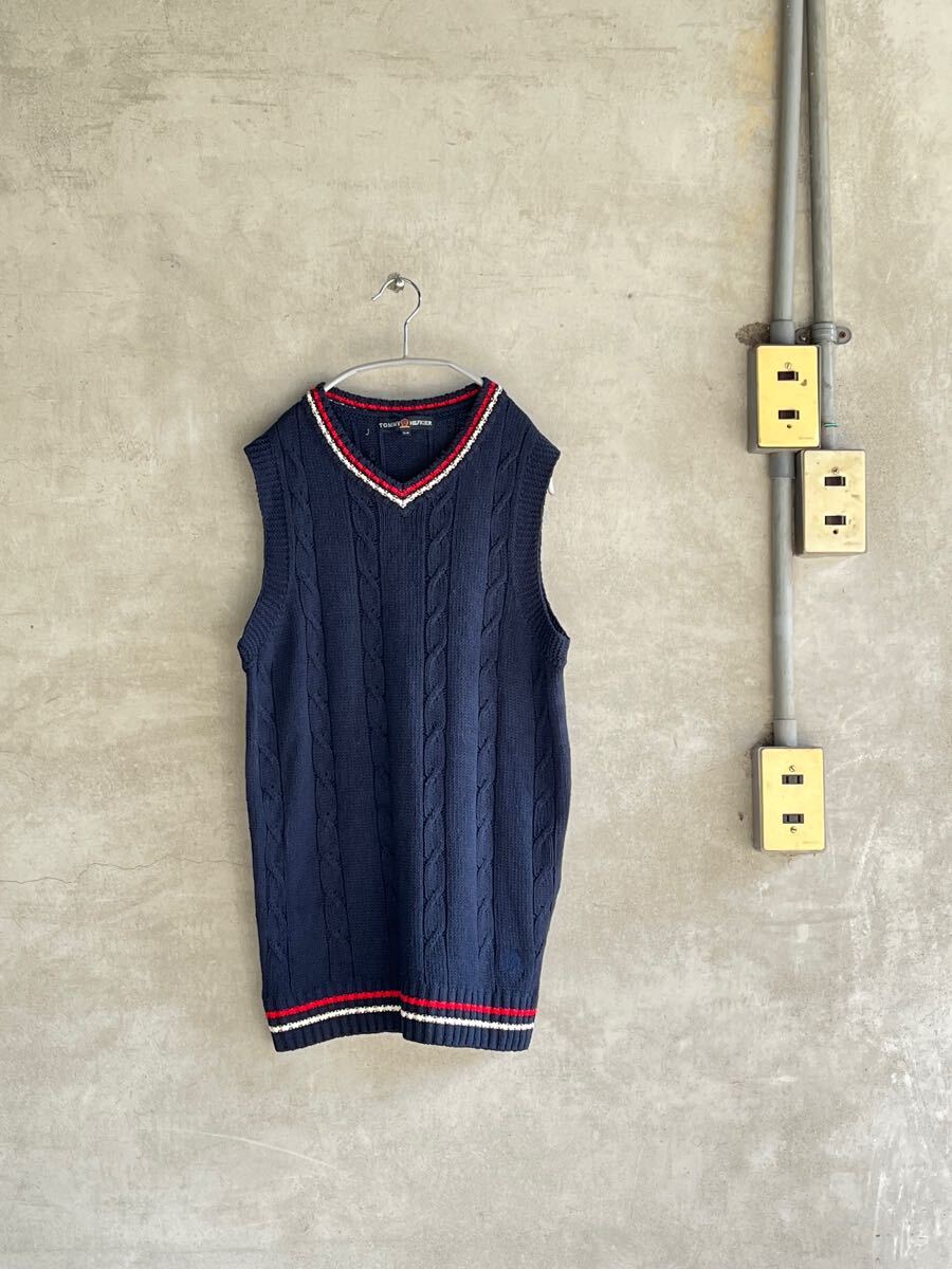 00s 2000年代 TOMMYHILFIGER トミーヒルフィガー ケーブル ニット ベスト ウール Vネック オールド スクール ストリート OLD スケート 無地拍卖