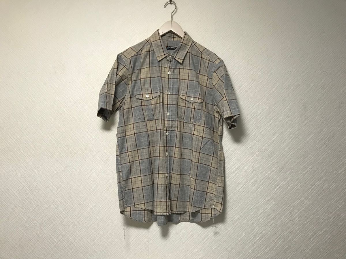 本物カシュカCASHCA ENGLANDコットンチェック柄半袖シャツメンズサーフアメカジミリタリーストリートゴルフドレスグレーベージュL拍卖