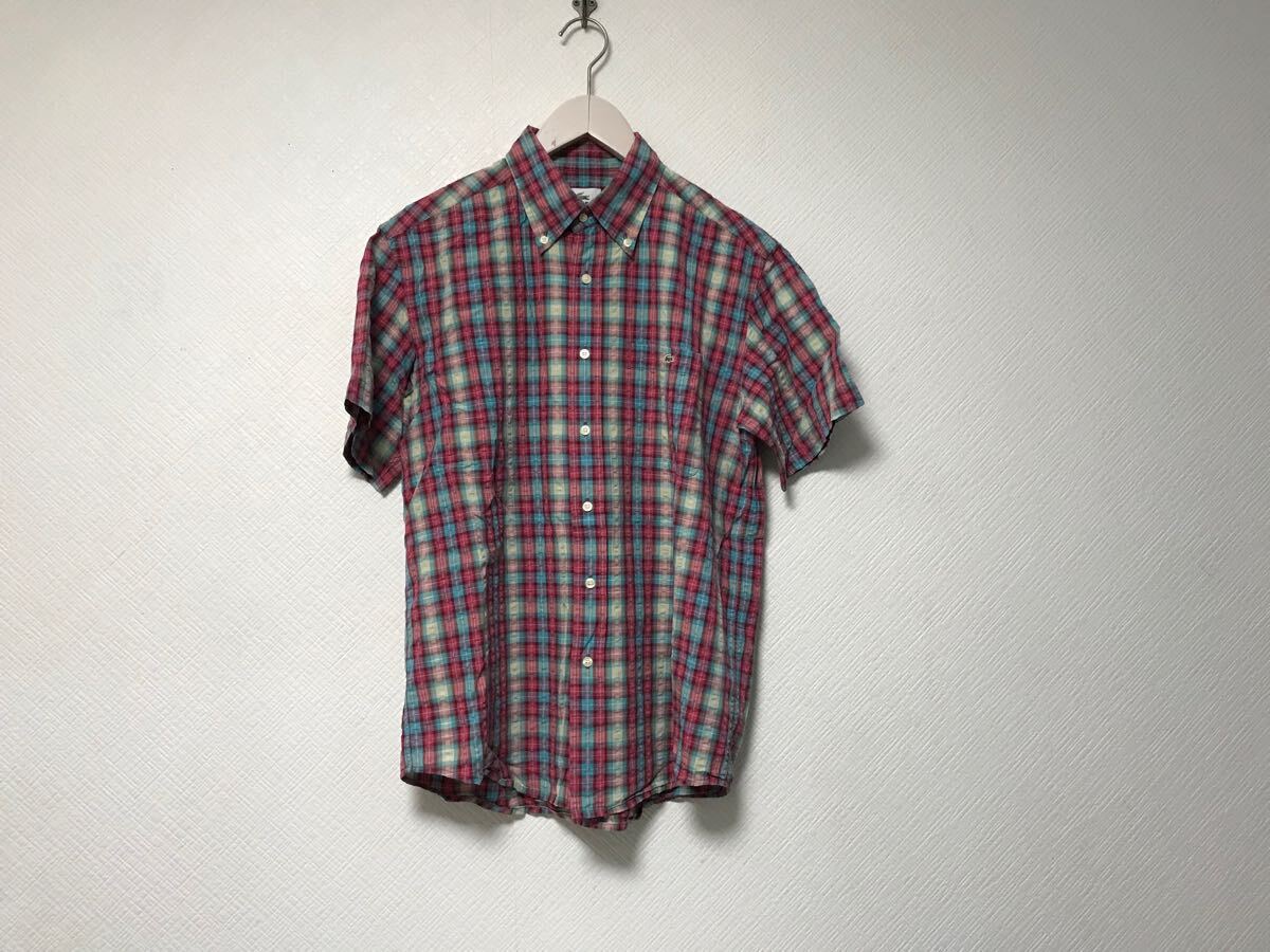 本物ラコステLACOSTEコットンチェック柄半袖シャツメンズサーフアメカジミリタリーストリートスケーターワークゴルフドレスピンク3S拍卖