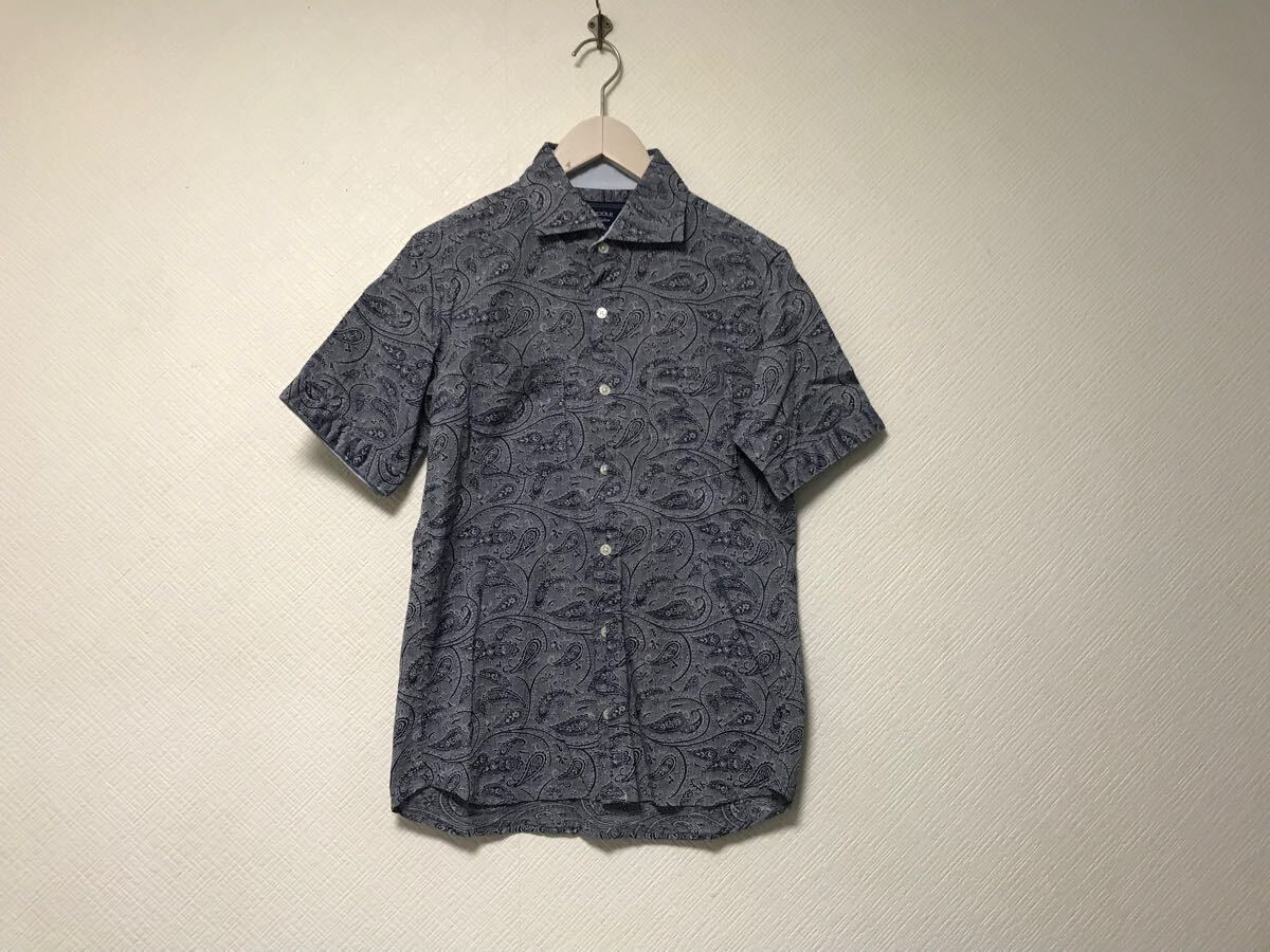 本物ニコルNICOLEコットンペイズリー柄半袖シャツメンズサーフアメカジミリタリーストリートビジネススーツモードゴルフドレスブルー青46M拍卖