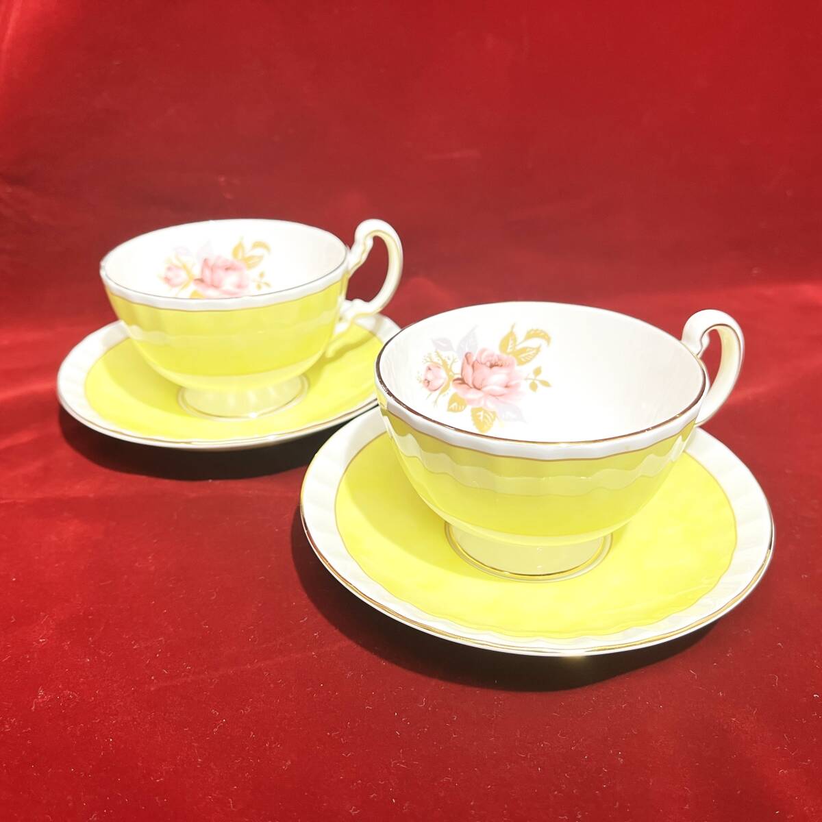 (志木)【2客セット】AYNSLEY/エインズレイ English Rose/イングリッシュローズ カップ&ソーサー 2客 イエロー 金彩 茶器 紅茶 コーヒー(o)拍卖