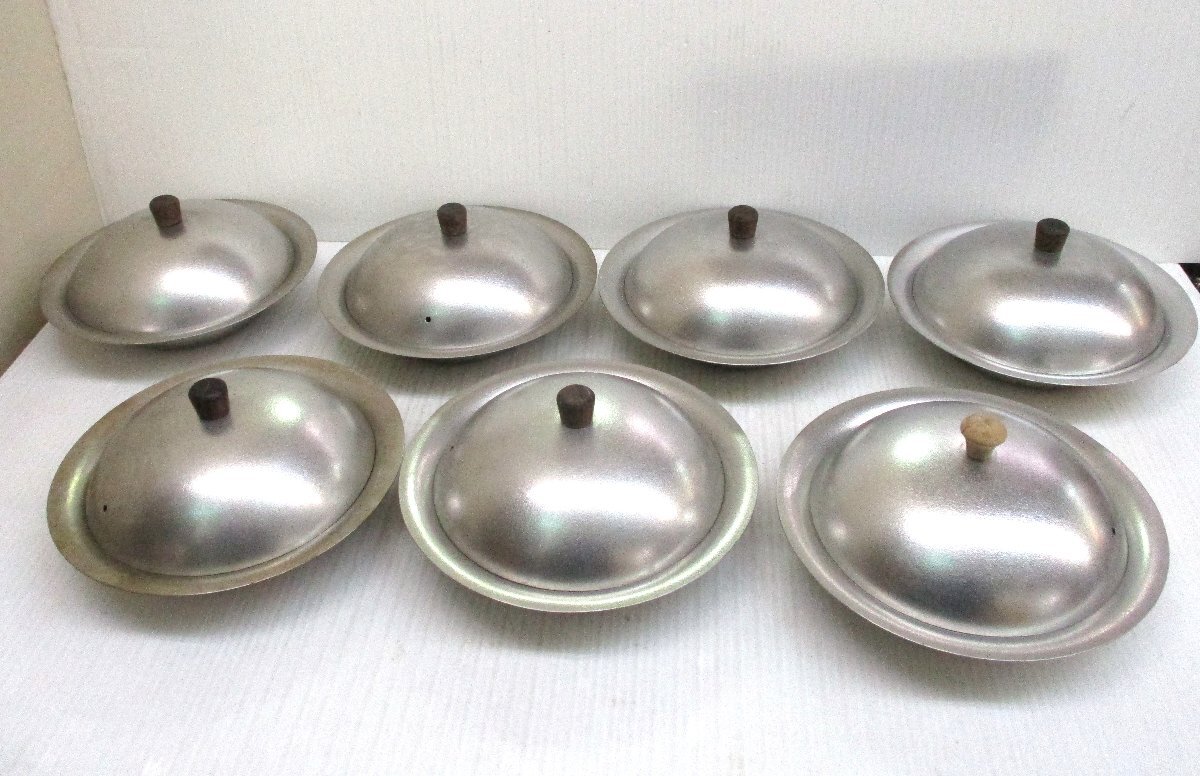 ★ 95808 さざれ鍋 一人鍋 大 木製ツマミ ステンレス 7個セット 目皿・蓋付 φ19 × 高さ7㎝ 中古 ★拍卖