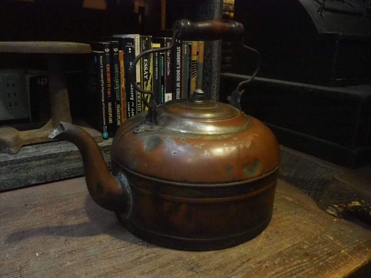 【フランス蚤の市銅製ケトル】カナダ製1940sインテリアやかんコーヒー紅茶ポット古道具アンティークインダストリアル薪ストーブカフェ拍卖