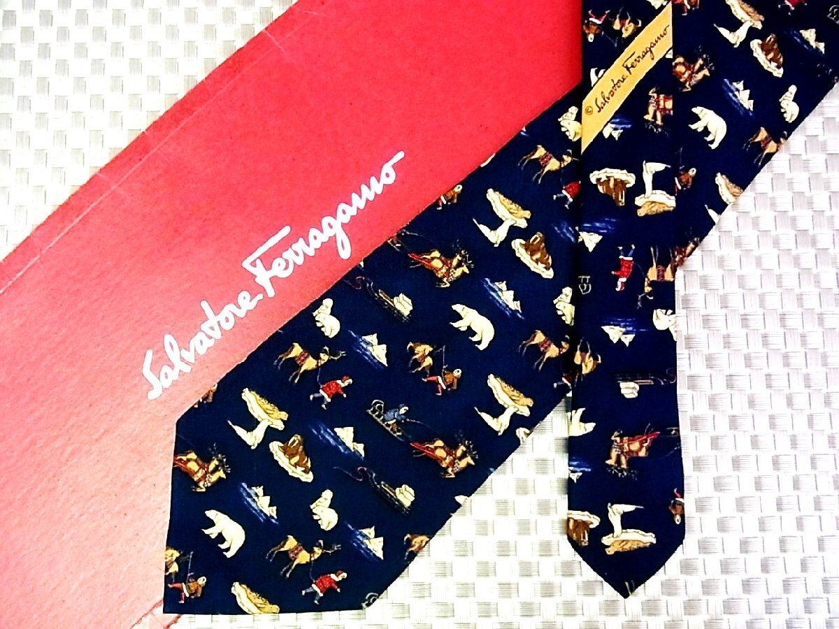【在庫処分セール】●特売●FK8673●フェラガモ【人 白くま トナカイ ソリ 流氷 柄】ネクタイ●拍卖
