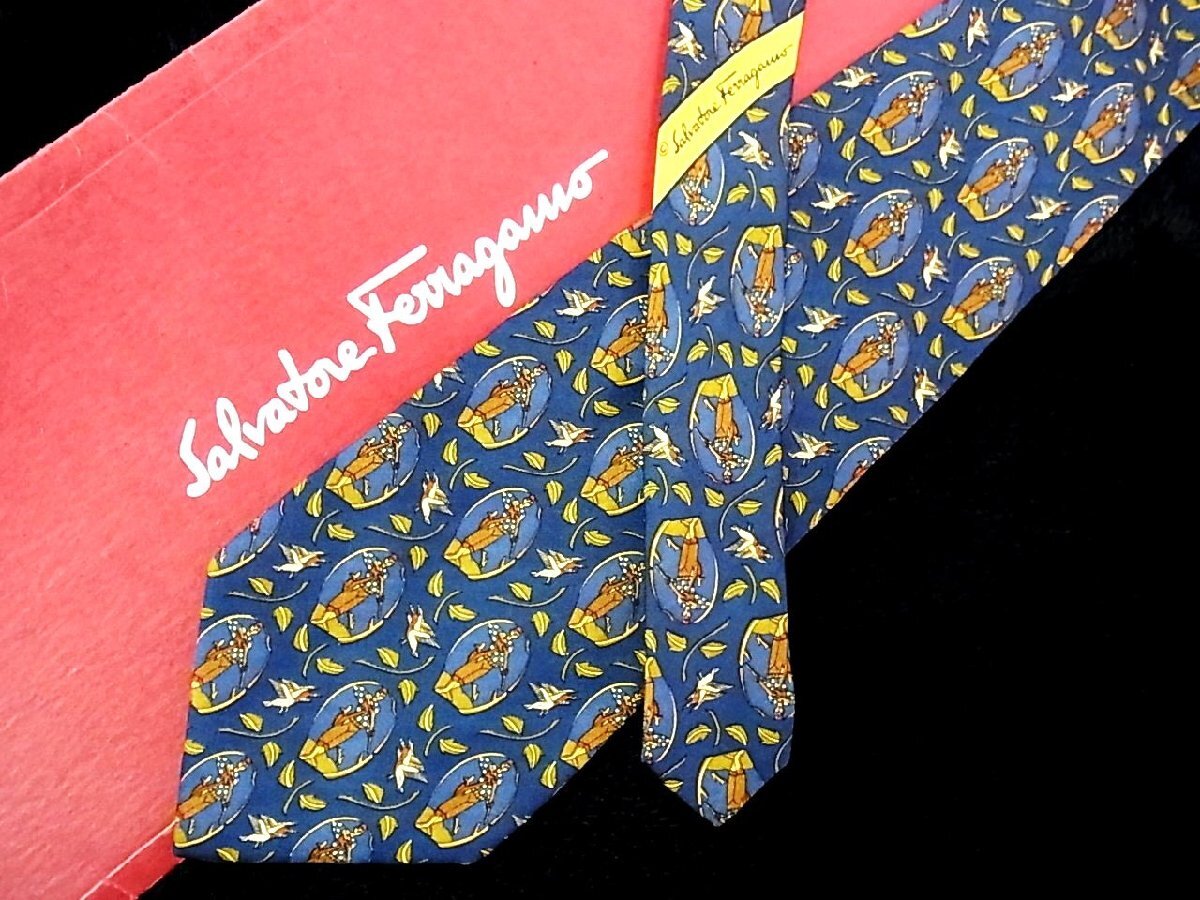 ♪今週の特売980円~♪3275♪良品【FERRAGAMO】フェラガモ【狩り 鳥 鴨 カモ 葉っぱ 植物 柄】ネクタイ♪拍卖