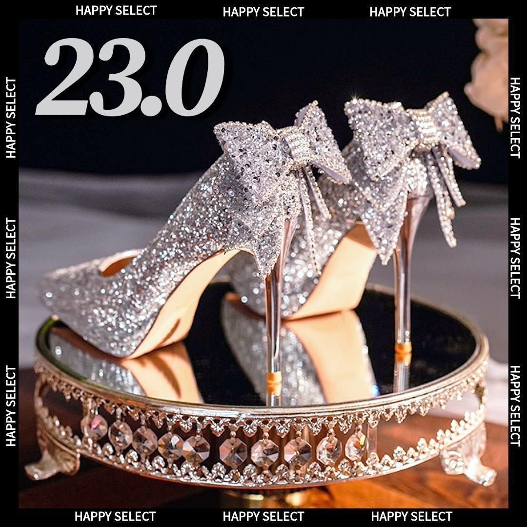 グリッターパンプスリボンハイヒール美脚 ドレスパーティーキャバキラキラ小さめ23拍卖