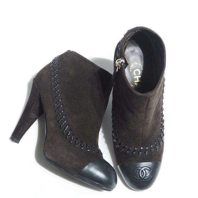 P1995R37 ▼CHANEL シャネル▼ 14A バイカラー サイドジップ スエード ショートブーツ ブラウン 35C/22.5cm 切り替え 茶 黒 秋冬拍卖