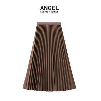 スカート 秋冬 ハイウエスト ミドル丈 a ライン スリム プリーツスカート ウエストゴム 脚長効果拍卖