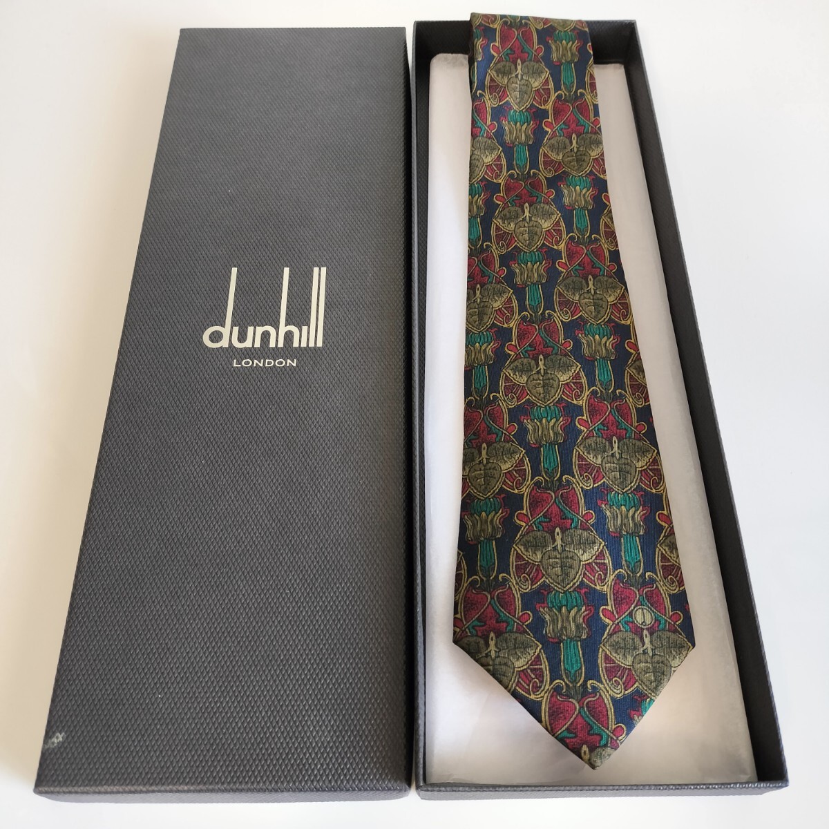 ダンヒル(Dunhill)紺赤グレー葉っぱDロゴネクタイ拍卖
