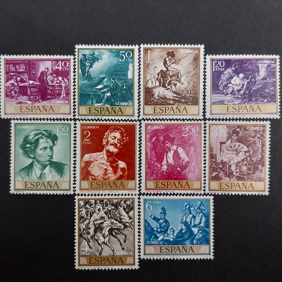 K166 スペイン切手 美術切手「19世紀のスペインの代表的画家 マリアーノ・フォルトゥーニ(1838-74年)の作品切手10種完」1968年発行 未使用拍卖