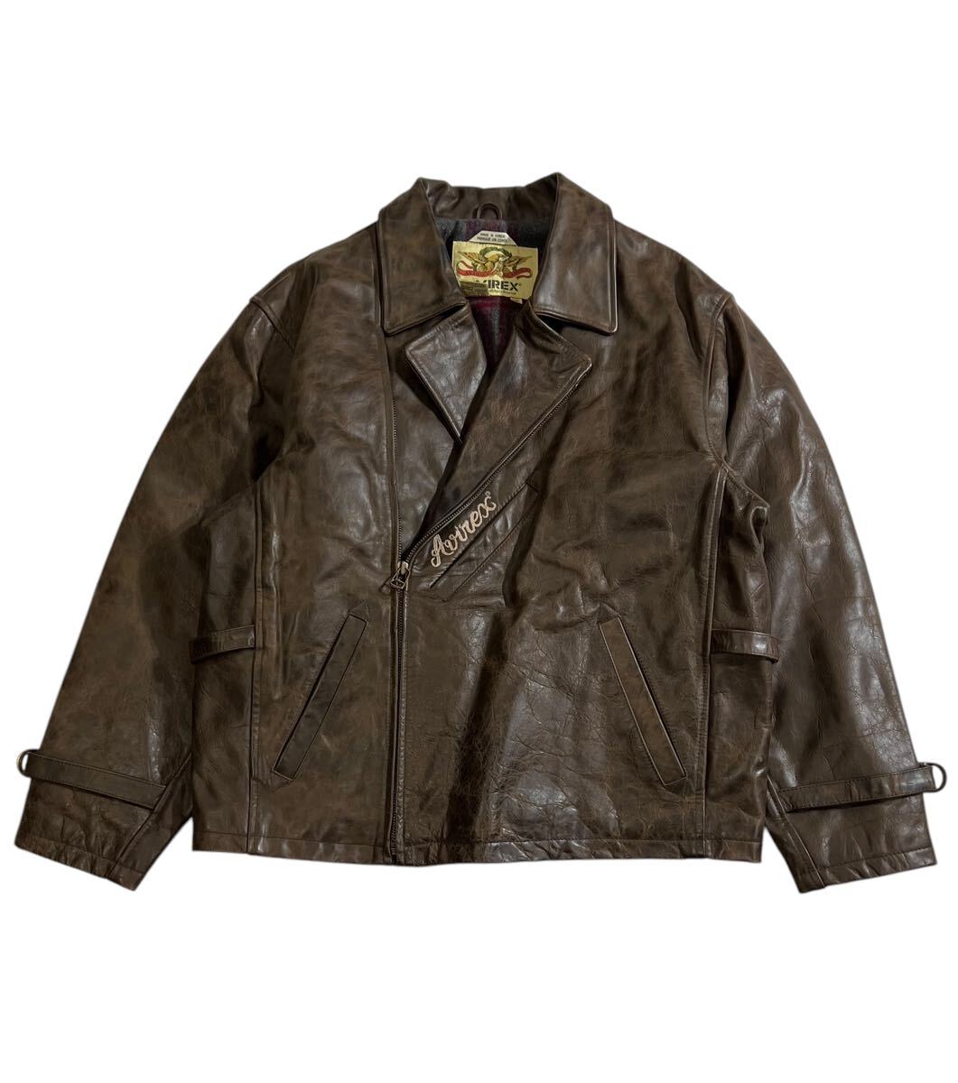 希少 ■ AVIREX アヴィレックス ■ 上質 本革 レザー チェーンステッチ ロゴ 刺繍 ダブル ライダース コート ブラウン L拍卖