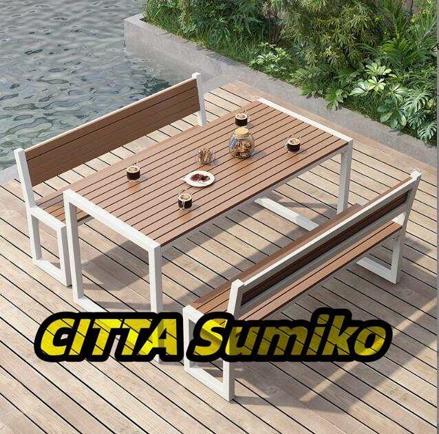 ガーデンテーブル3点セット 屋外ダイニングテーブルとベンチセット 金属フレーム プラスチック製の木製のテーブルトップ 防水性と耐日光性拍卖