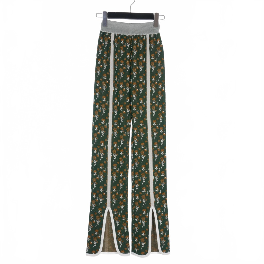 未使用品 マメクロゴウチ Mame Kurogouchi 23SS Pedicel Knitted Pants 小花柄 ジャガード ニットパンツ スリット 1 緑 グリーン拍卖