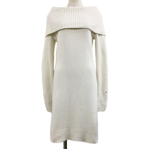 トミーヒルフィガー TOMMY HILFIGER ワンピース Iライン ニット ミニ オフタートル 刺繍 ロゴ 長袖 S 白 ホワイト レディース拍卖