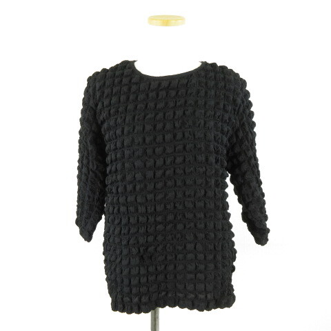 terawear emu しまむら ポップコーンカットソー 七分袖 ストレッチ 黒 M *A522 レディース拍卖