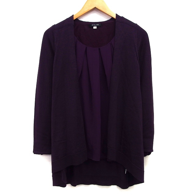 ミッシェルクラン MICHEL KLEIN アンサンブル カーディガン ブラウス ニット シフォン 無地 長袖 丸首 ウール混 38 紫 /HT7 レディース拍卖