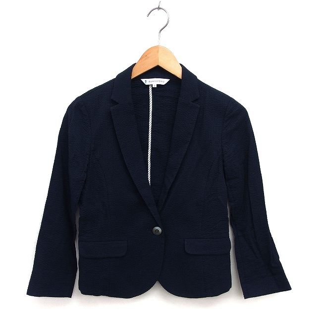 クミキョク 組曲 KUMIKYOKU ジャケット アウター テーラード コットン混 裏地なし 薄手 エンボス加工 1 紺 ネイビー /NT3 レディース拍卖