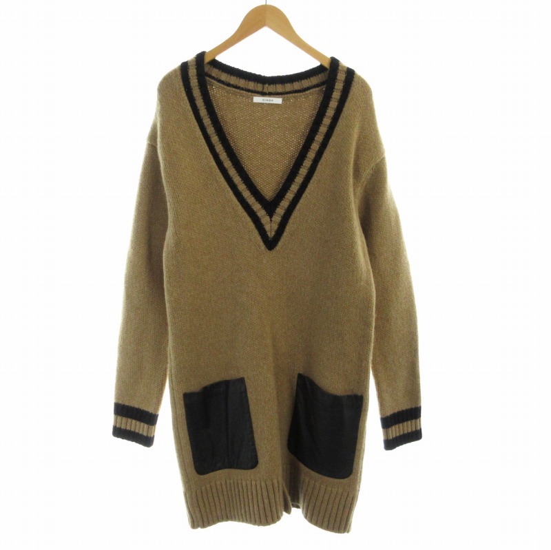 チノ V Neck Leather Pocket Knit ニット セーター チュニック Vネック ビックシルエット 長袖 38 M 茶 ブラウン 18WKN032 /RO拍卖