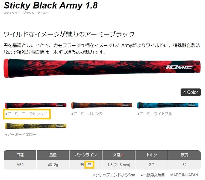 イオミック グリップ Sticky Black Army 1.8 アーミーコーラルレッド バックライン無し(新品、未使用)(即納)拍卖