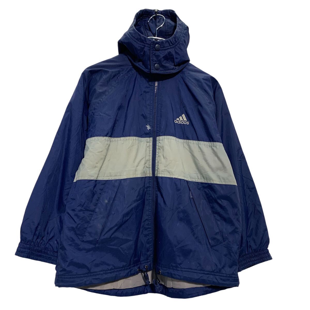 adidas ロゴ ナイロン 中綿 ジャケット アディダス キッズ 140 ネイビー グレー フルジップ スポーティー 古着卸 アメリカ仕入 a610-6869拍卖